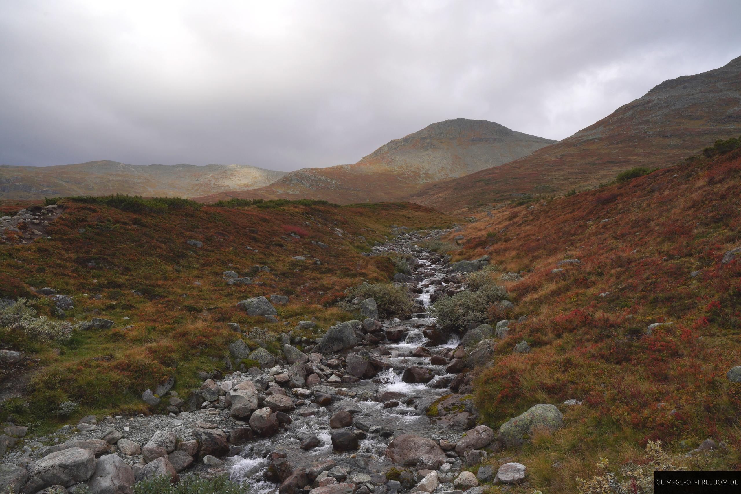 Wunderschoener Backlauf am Omani Point auf der Aurlandsfjellet Route Wunderschöner Bachlauf am Omani Point auf der Aurlandsfjellet Route