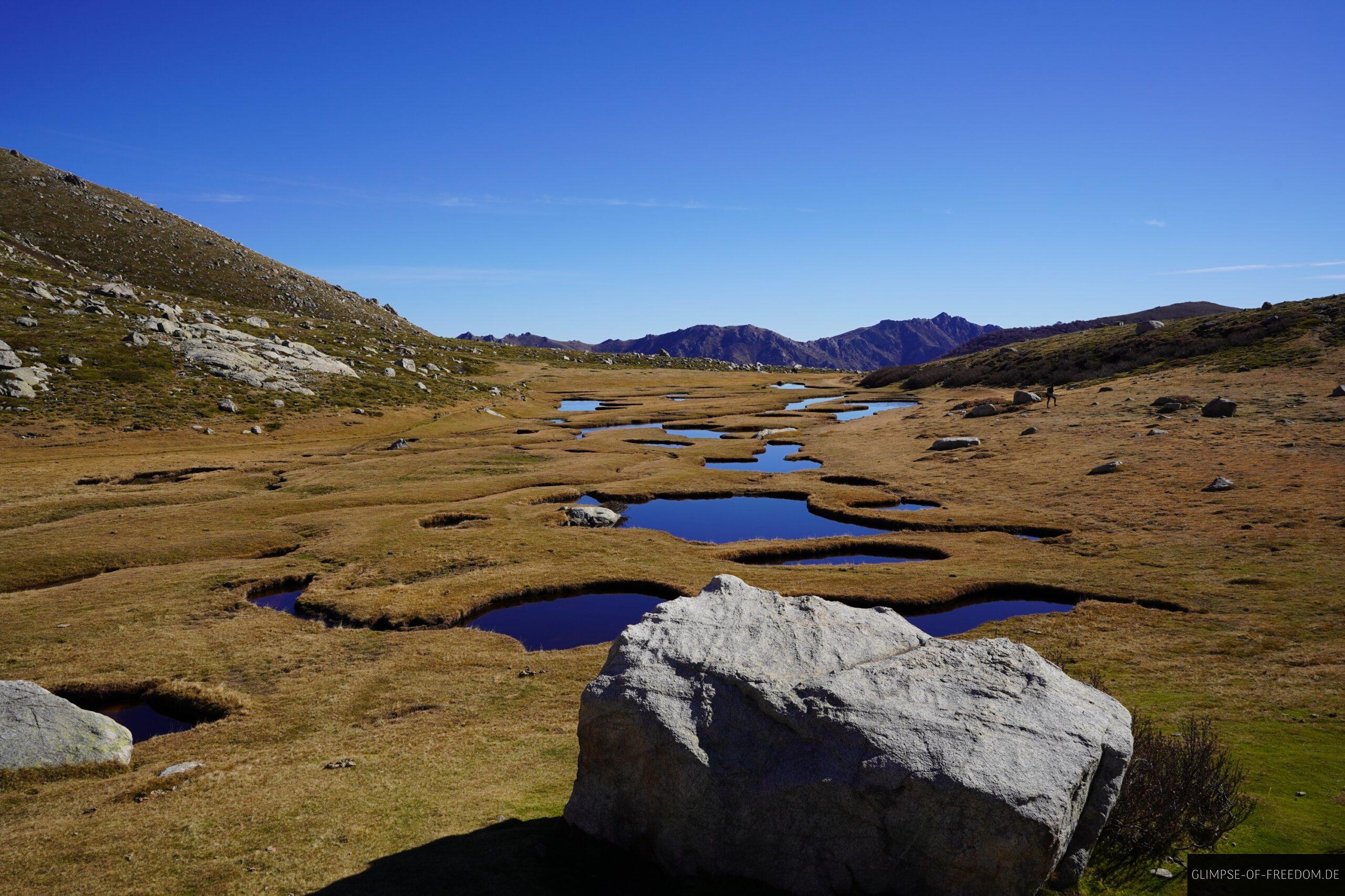 Korsika Pozzi Seen: Moorlandschaft mit Wasserstellen, Felsen und Bergpanorama unter blauem Himmel.