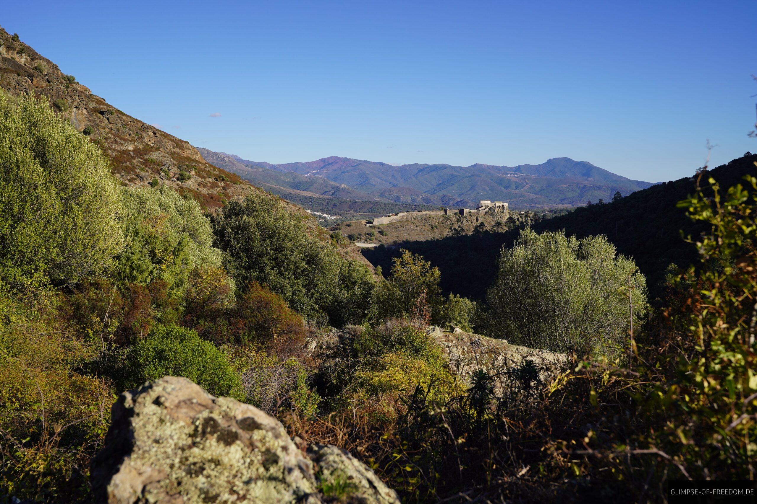 korsika tavignano schlucht berglandschaft scaled Korsika Landschaft mit Bergen und Tavignano Schlucht. Vegetation im Vordergrund.
