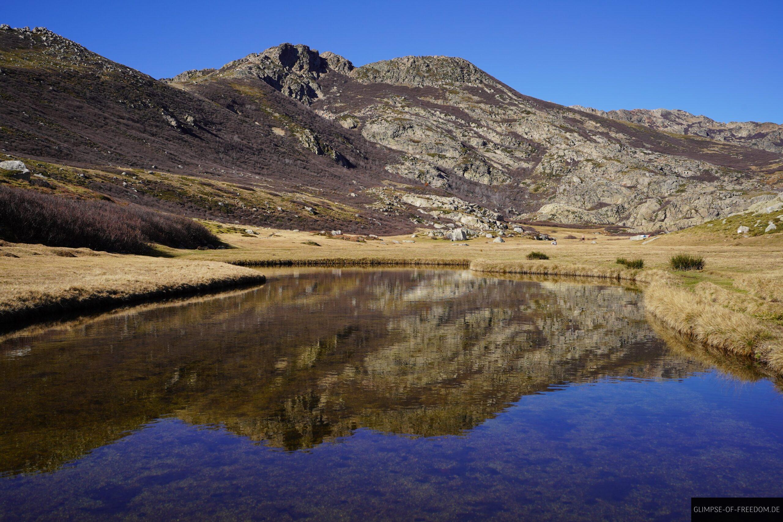 pozzi seen korsika bergsee wanderung scaled Pozzi Seen Korsika Wanderung: Bergsee mit Spiegelung der Berge und Moorwiesen unter blauem Himmel.