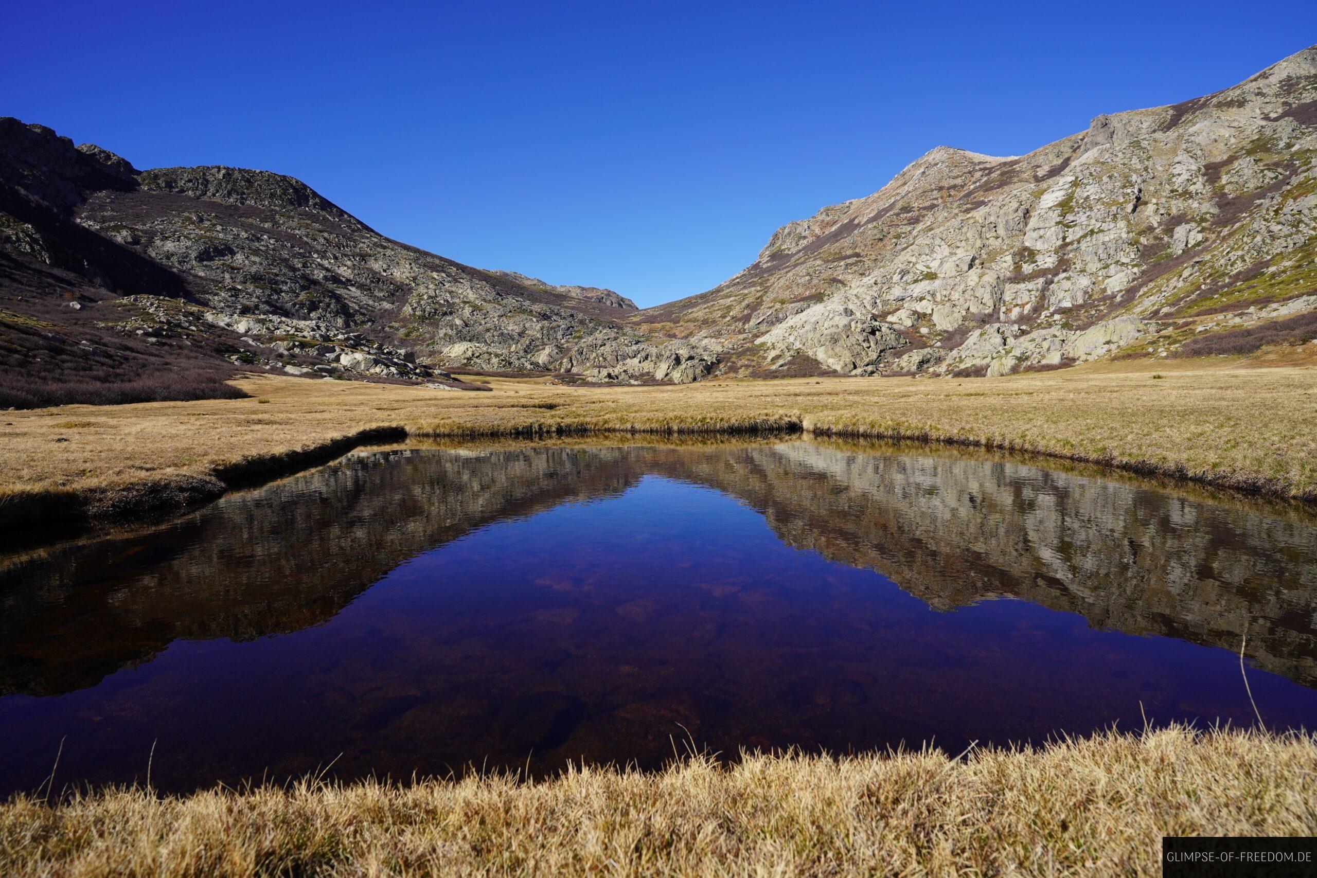 pozzi seen korsika moorwiesen bergpanorama scaled Pozzi Seen Korsika: Bergsee-Reflexion, Moorwiesen und Bergpanorama unter blauem Himmel.